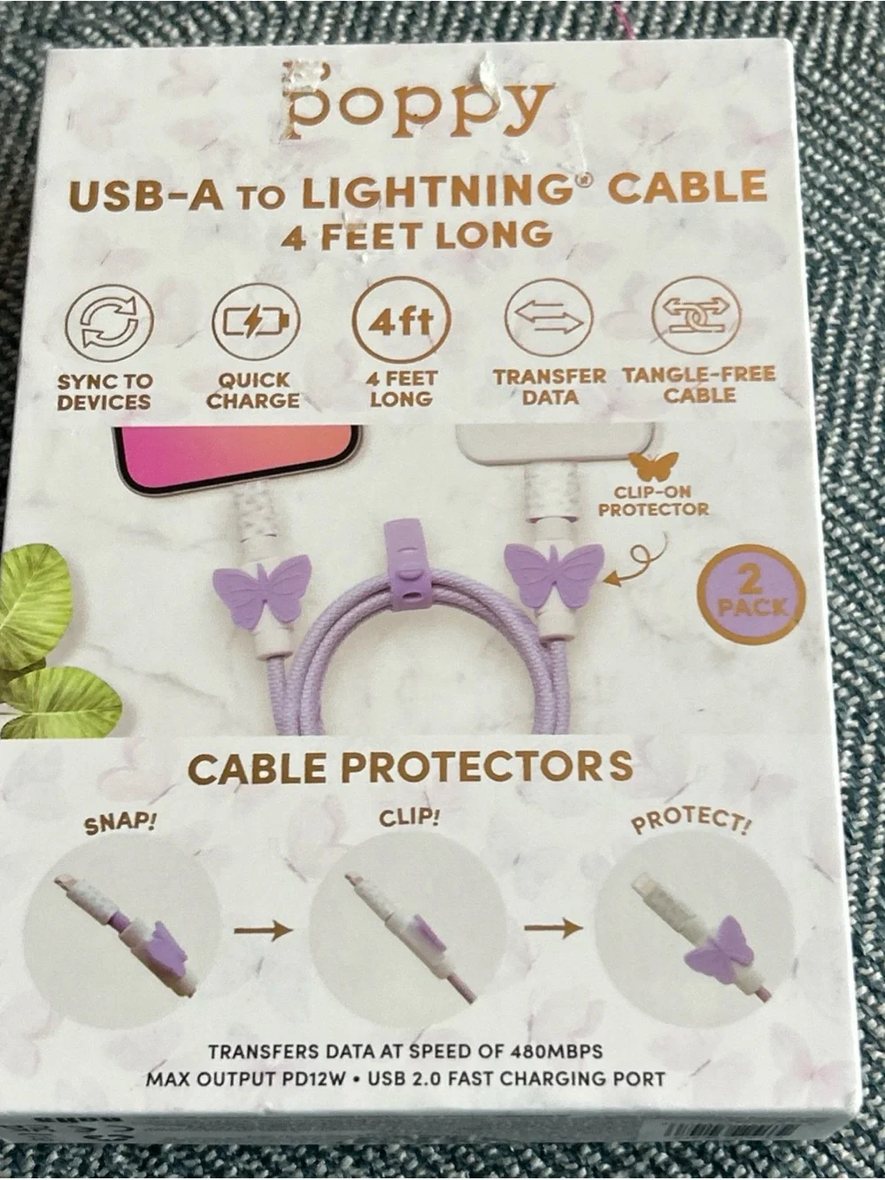 Poppy Clip & Protect USB-A to Lightning Cable – Lavender Butterfly